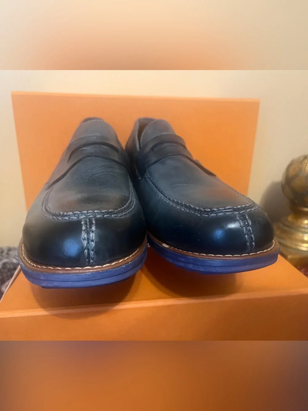 SANDRO MOSCOLONI Romero Mocc Toe Penny Slipon Sidney Black Leather - Size 11D